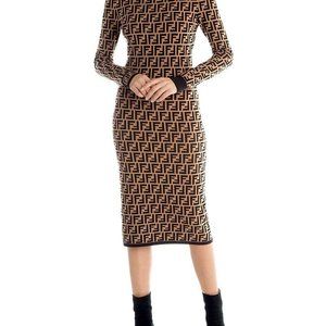 Fendi FF Logo Jacquard Sweater Dress Black Brown , 42 (6)